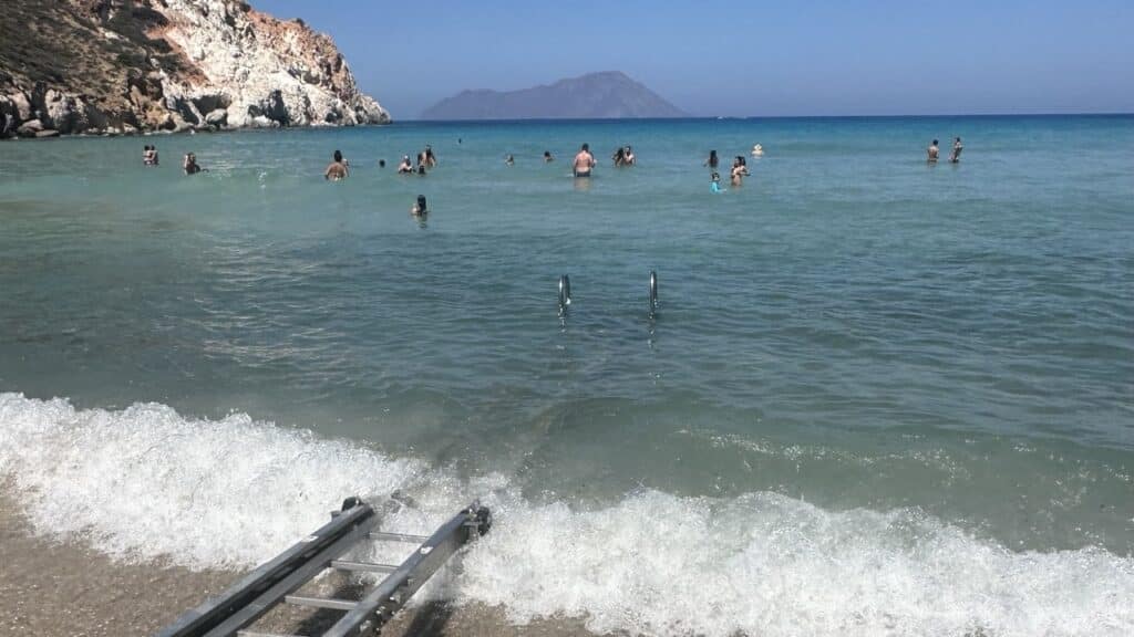 Accessible chair that goes into the water at Plathiena Beach